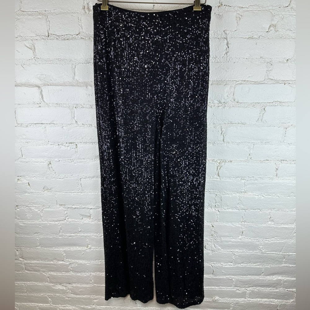 Aakaa Sequined Pants Black Slip On Wide Leg Women’s Size Medium
